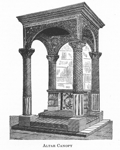 A domelike canopy in wood stone or metal erected over the high altar of